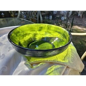 Blenko Glass Bowl Olive Green Beehive ? 9" Ribbed MCM Avocado w/Original Tag‎